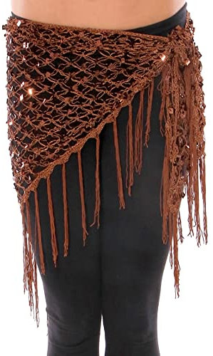 ACiyD Bauchtänzerin Schal Grün/Gold/Silber Bauchtanz Zubehör Glänzender Häkelgürtel Pailletten Hüfttuch Quaste Wraps Für Bauchtanz Taschentuch 152 (Braun)