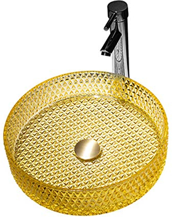 WRJAHCG Lavabo da Appoggio in Vetro,Lavandino con Rubinetto e Piletta in Vetro Temperato per Bagno, Cucina, Hotel, saloni di Bellezza,Giallo
