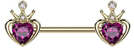 beyoutifulthings Brustwarzen-piercing Herz Krone Gold Pink Brust-piercing Intim-Piercing Nippel-piercing Chirurgenstahl Stab 14-mm