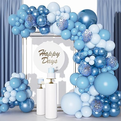 Arche Ballon Anniversaire Bleu, 110pc Kit Guirlande Décoration de Ballon Bleu Métallique, Bleubleu Ciel avec Confettis Ballons pour Baby Shower, Garçon Anniversaire 1 An, Baptême, Décoration d'Fête