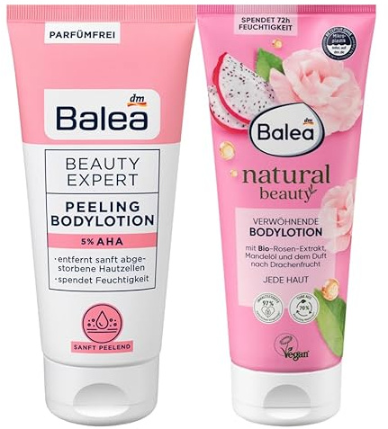 Balea Peeling Lotion Beauty Expert 5% AHA + Natural Beauty Bodylotion Rose | Lotion mit Peeling-Effekt bei Reibeisenhaut, feuchtigkeitsspendend, parfümfrei, 200 ml + Körperlotion Drachenfrucht, 200 ml