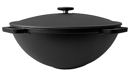 ROBARI Gusseisen Kazan mit Deckel | Traditioneller Gusstopf | Kasan mit abgeflachtem Boden | Grillwok schwarz 12 L | Traditioneller Gusstopf, Abgeflachter Boden, Grillwok, Höhe 16 cm