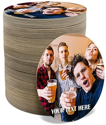 Personalised Beer Mats Photo Coasters Drinks Mats - Pack of 96 Round - Home Bar Accessories Pub Man Cave Gifts - Add Photo and Text