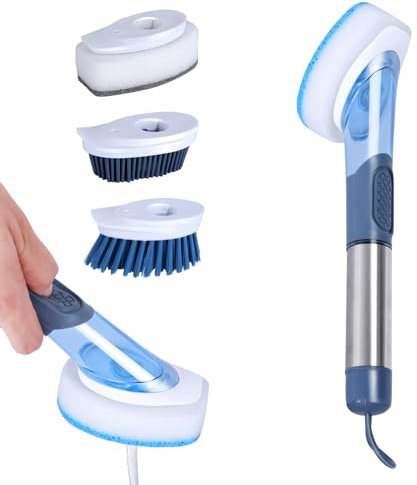 Masthome Spazzola per Piatti Multifunzione, Spazzola per la Pulizia con 4 Testine di Ricambio e Manico da 27 cm, Spazzola per Lavastoviglie da Cucina per Piatti, Pentole, Lavelli,Blu
