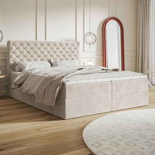 MOTIVENA Nero Chesterfield Boxspringbett 180x200 mit Bettkasten und Topper, Polsterbett 180x200 mit Bettkasten, Taschenfederkern-Matratze (H3), T28 Schaumstoff Topper (H3), Samt, Beige (Creme)