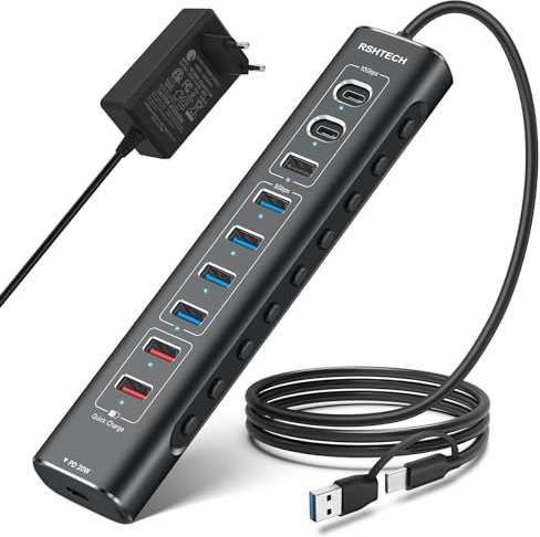 RSHTECH Aluminum 10-Port USB C 3.0/3.2 Hub Aktiv mit Netzteil, 3 * 10Gbps USB 3.2 (2*Typ-C, 1*Typ-A), 4 * 5Gbps, 2* Fast Charging Port, 1 * 20W USB-C PD, 60W 12V/5A, 2-in-1 Kabel, RSH-A10QPD