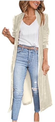 AMhomely Velvet Cardigan For Women Long Velvet Cardigan Plaid Maxi Duster Cardigans Open Front Trench Coat Jacket Casual Lapel Collar Open Front Coat Long Outerwear White S