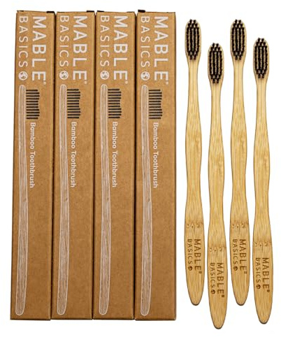 MABLE Basics - Spazzolino da denti in bambù con setole vegetali, confezione da 4, spazzolino da denti per adulti, setole morbide, in legno naturale