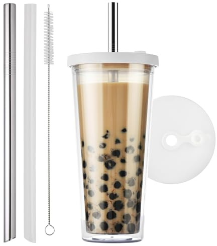 ALINK Bubble Tea Cup, Trinkbecher mit deckel und strohhalm, Leakproof Clear Plastic Bubble Tea Tumbler, Double Wall Insulated Smoothie Tumbler-680 ML