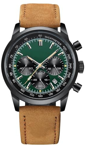 RORIOS Men's Multifunctional Wrist Watch Analogue Quartz Wristwatch Casual Chronograph Watch Classic Stainless Steel Watch for Men with Leather Strap Green