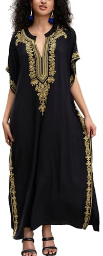 YouKD Vestido de playa bohemio con bordado floral, caftán de verano para mujer, bikini Coverups, batas largas, Z Negro, Altoa única