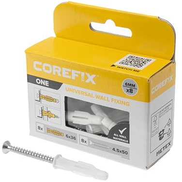 Corefix One Universal-Dübel und Schrauben, 8 Stück, mittlere Beanspruchung (60 kg in Mauerwerk), Wandbefestigung, geeignet für alle Wandtypen. Perfekt für die Montage von Regalen, zum Aufhängen von