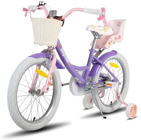 JOYSTAR Unicorn, bicicletta per bambini da 18 pollici, per bambine di 6-9 anni, con seggiolino per bambole, ruote di supporto e cestino con nastri, viola chiaro