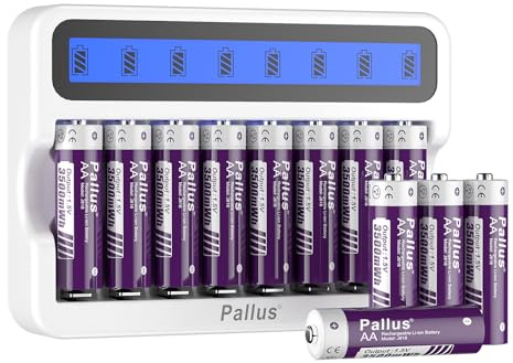 Pallus Rechargeable AA Lithium Batteries with 8-Slot Charger, 3500mWh High Capacity, 12 Pack 1.5V AA Battery Lithium