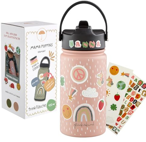 Kinder Trinkflasche Edelstahl 420ml mit Strohhalm | Auslaufsicher und BPA-frei | Geeignet für Kinder ab 3 | Spülmaschinenfest (Rosa)