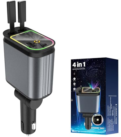4 in 1 Retractable Starry Stars Proof Car Charger, Einziehbares Auto Ladegerät, Handy Schnellladegerät mit Sternprojektor & LED, Einziehbares Kabel Autoladegerät für Handy (USB C)