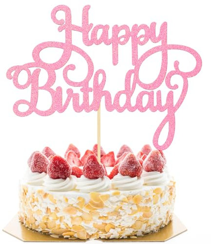 Happy Birthday Cake Topper Pink Cake Decorations Glitter Cakes Sign Pick for Celebrating Anniversary Party Birthday Cakes Decorations Supplies