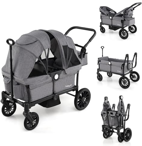 BABY JOY Wagon Stroller for 2 Kids, Collapsible Push Pull Double Stroller Wagon with Adjustable Handle Bar, Removable Canopy, Safety Harness, Cup Holder, Snack Tray & Storage Bag (Gray)