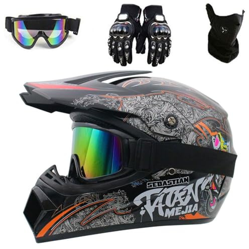 Casque de Motocross Convient Enfants Approuvé par Le Dot Casque de Cross pour EnfantCasque Downhill pour Enfants Casque Intégral Moto Cross VTT avec Lunettes Gants(F6,XL (58-59cm))