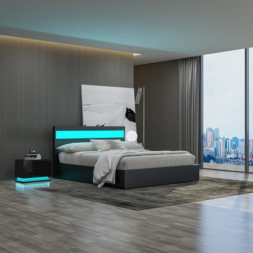 Komtopod LED Bed Frame Ottoman Gas Lift Up Bed 3ft Single Size Faux Leather Storage Bed Frame for Bedroom Furniture (Black)