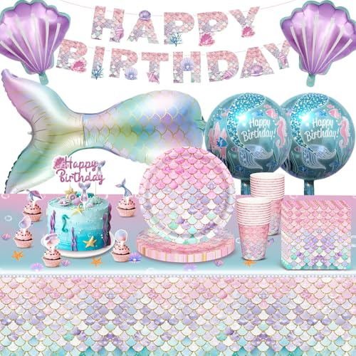 Meerjungfrau Geburtstag Deko Set, 92 PCS Partygeschirr Kindergeburtstag für 20 Gäste mit Große Muscheln Folienballon Partyzubehörset Ozean Tortenstecker Pappteller Tassen Servietten Tischdecke