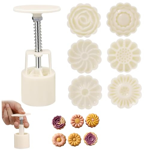 Mooncake Mold, Plastic Moon Cake Mold Press with 6 Flower Cookie Stamps, Easy Demolding, Easy to Clean Cookie Press for Kitchen, Mooncake, Moon Cake