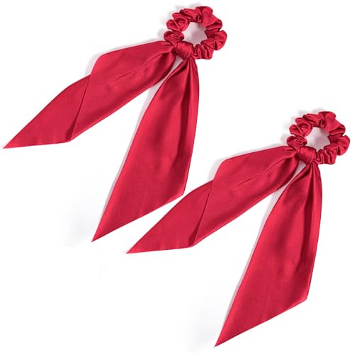 2 Stück Chiffon Scrunchies Bowknot Haargummis Rot Elastische Haargummi Damen Rot Schleife Scrunchie mit Lange Bunte Scrunchies mit Schleife Silk Scrunchie Kaninchenohren Form Crunchies