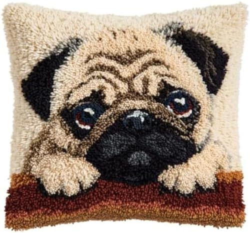YarnAdventures Knüpfkissen Knüpfhaken Knüpfset,Hund,Mops,DIY Handarbeit Stickerei Für Kinder Erwachsene Oder Anfänger Latch Hook Kits,Bastelsets,17x17in