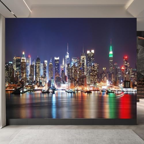 Fotomurales Decorativos Vista Nocturna de Nueva York Papel Pintado 250x175 cm 3D Mural Nueva York Murales Póster Pared No Tejido Dormitorio Salón Paredes Decoración Fotomural Panorámico q.2167