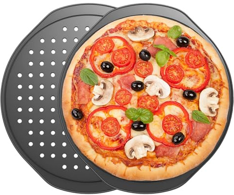 COONE 2 Stück Pizzablech Rund 33cm, Perforiertes Backblech mit Antihaftbeschichtung, Carbonstahl Pizzaform für Ofen & Grill, Ideal für Pizza, Flammkuchen & Kuchen (36 x 33 cm)​