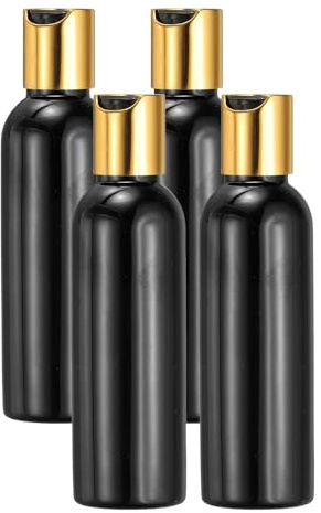 sourcing map 4 Pcs Plastic Travel Bottles, 2 oz Empty Shampoo Bottles with Gold-Black Disc Top Caps Clear Refillable Travel Squeeze Containers for Lotions Cosmetics Body Soap, Black
