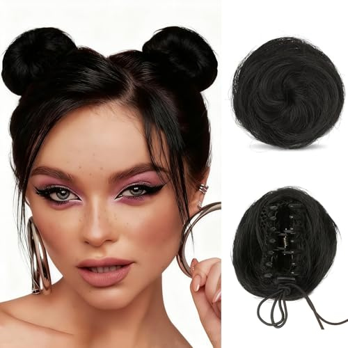 Dutt Haarteil mit Klammer, 2 Stück Braun Schwarz Haar Dutt, Krallen Clip in Haar Bun, Mini Kralle Falsche Brötchen Glatte Haare Bun für Damen