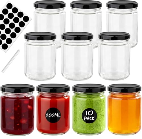 Otauoaea Set di 10 Vasetti per Marmellata da 200ml, Vasetti Vetros Piccoli Barattoli Vetro con Coperchio Ermetici Lavabili in Lavastoviglie Vasettis di Vetros Per Marmellate,Yogurt,Miele