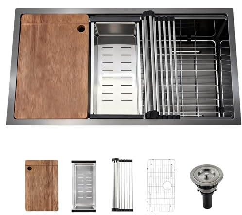 Stainless Steel Kitchen Sink: 30-Inch Undermount Single Bowl Farmhouse Workstation Sink - Noise Reducing Design & Accessories Included (Black, Model 3018)