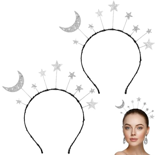 Thinp Star Moon Headband, 2 Pcs Galaxy Space Headbands Glitter Silver Headpiece Star Hair Accessories for Women Birthday Wedding Halloween Princess Cosplay Party Costume
