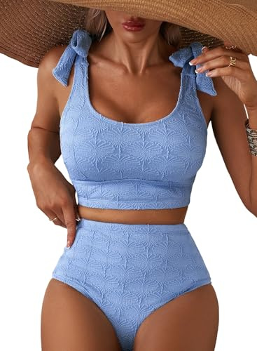 Herseas Women's 2 Piece Bikini Sets Seashell Textured Tie Straps Adjustable 2026 Summer Swim Suit High Waisted Tummy Control Push Up Padded Bathing Suits Casual Resort Outfits Sky Blue Medium
