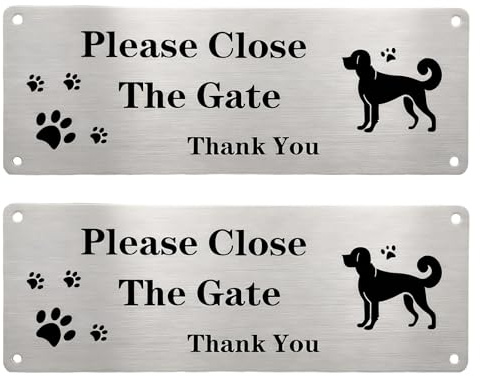 2 Pack Please Close The Gate Sign for Dog Safety, Reflective Aluminum Metal Warning Sign Weatherproof Rustproof with Pre-Drilled Holes for Garden Gate, Fence, Yard, 25x9cm (silver)