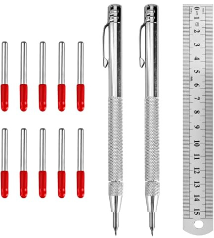 2 Pack Tungsten Carbide Tip Scriber with 10 Replacement Tips 15cm Steel Ruler Etching Pen with Clip Aluminium Magnet Carbide Scribe Tool for Marking Glass Ceramics Metal Sheet Hardened Steel
