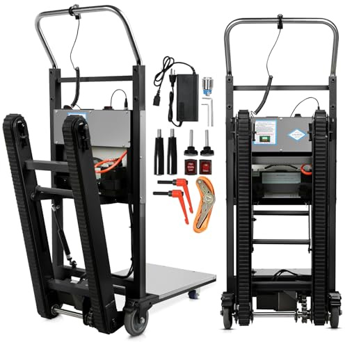 Carretilla eléctrica de 1250W con Cadenas de Goma, Capacidad de Carga de 408kg, Carga de escaleras y descensos, Pesada Escalera con Cuerda de Seguridad y Bomba de Aire para el Transporte de