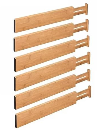 PASHTUN WAY Bamboo Drawer Dividers – Adjustable Expandable Drawer Organizer, 6-Pack Bamboo Separators for Kitchen, Dresser, Clothes, Utensils & Home Organization