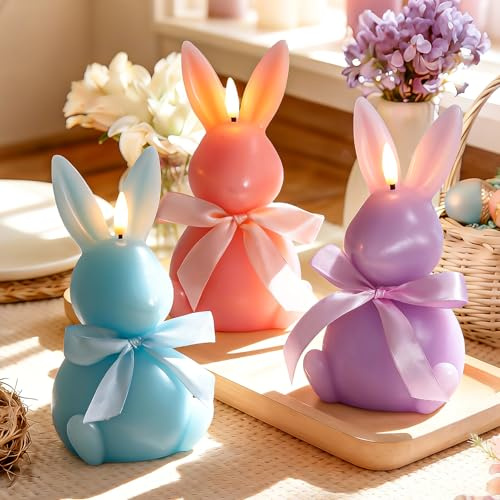 Lanpn 3 Pcs Easter Bunny Flameless Candles, Battery Operated Led Candle Light with Remote, Real Wax Rabbit Shaped Candle Gift Set, 3D Flickering Flame, NO Batteries Included, 7.3x4