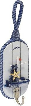 SEASIDE Maritime Garderobenhaken Set, Holz-Polyresin, Blau-Weiß, 21,5 x 7 x 5 cm, Leuchtturm, Rettungsring und Segelboot Motive, Nautischer Stil mit Tau-Aufhängung (Seestern)