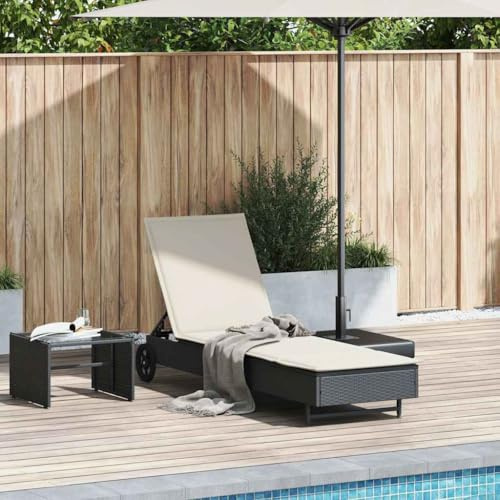 Frdhee Gartenliege Relaxliege Sonnenliege,Sonnenliege mit Rollen und Auflage Schwarz Poly Rattan,Campingliege Für Balkon,Garten,Strand,Breite Anwendbarkeit