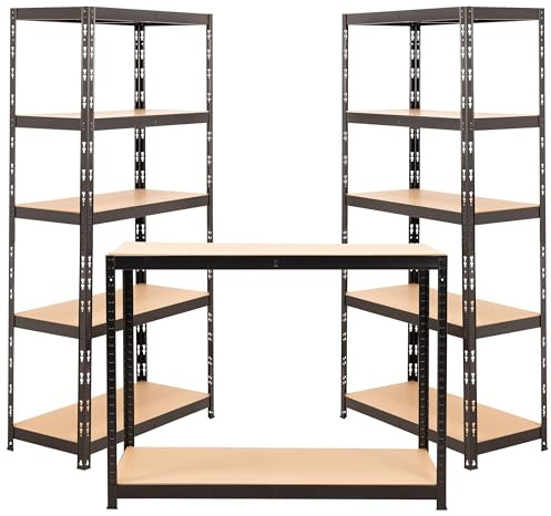 BiGDUG Garage Storage Kit - 2x Shelving Unit & Workbench - 5 Tier Shelves 150kg UDL 1780H x 900W x 400D mm - 300kg UDL Workbench - Matt Black