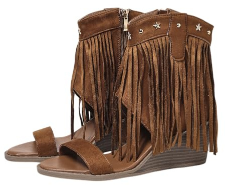 Sandalias de gladiador de cuña con flecos retro para mujer, botines de gamuza sintética con tachuelas de estrella y puntera abierta, marrón claro, 40 EU