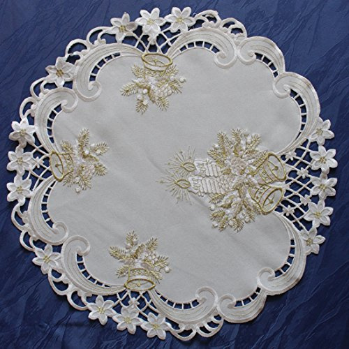 Anka Textil Weihnachts-Tischdecke Tischläufer Mitteldecke Tisch-Deckchen mit Weihnachtskerzen Motiven Stickerei Weihnachtsdeko Creme-Gold Größenwahl (60cm Rund)