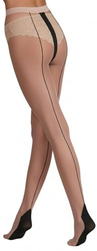 Yummy Bee Seamed Tights for Women Back Seam Sheer Tights 15 Denier Black Nude Choice of Seam Colours Black Nude Red Tall XL - Sexy Vintage Fully Fashioned Hosiery UK (Nude/Blk, M)