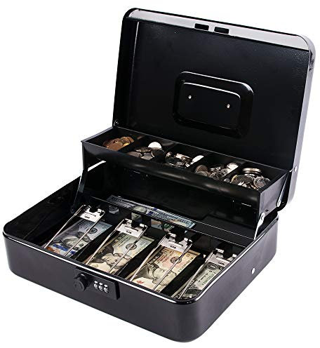 KYODOLED Metal Cash Box with Combination Lock & Spring-Loaded Bill Clips, 5-Compartment Cantilever Coin Tray, Portable Safe for Yard Sales/Craft Fairs/Small Businesses, 11.81”x9.45”x3.54”, Black