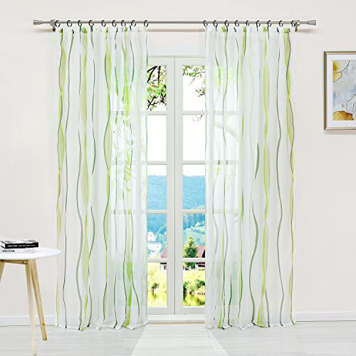 ESLIR Gardinen mit Kräuselband Vorhänge Gardinenschals Voile Grün 140x175 | Transparent, Fensterschal, 1 Stück, Schlaufenschal, Fenstergardinen, Wohnzimmer, Fenster innen, Wellen Muster, modern