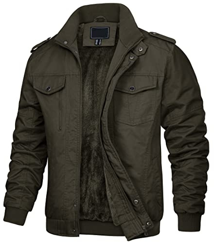 KEFITEVD Mens Fleece Lining Jacket Winter Stand Collar Cargo Jackets Warm Windbreaker, 150 Army Green, L